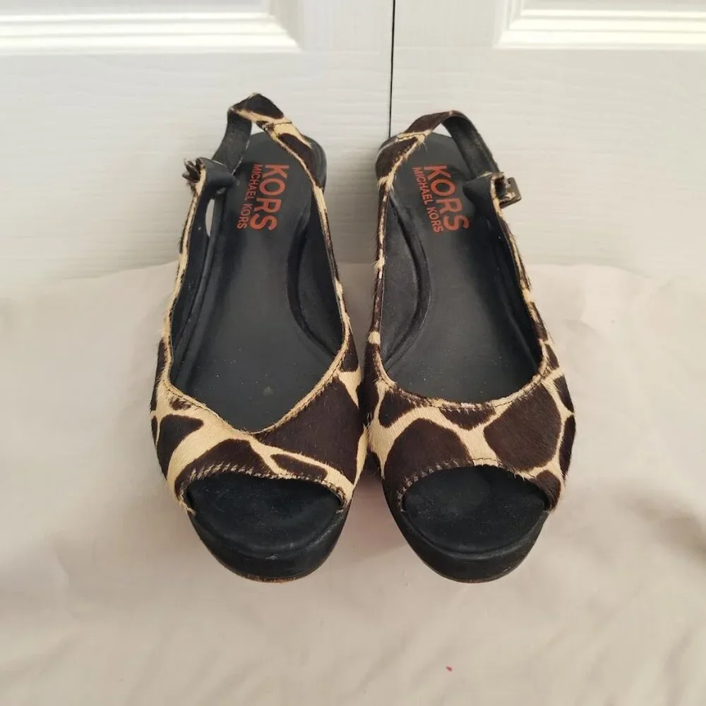 Michael Kors Women's Shoes 6 Brown Black Faux Giraffe Wedge Sandals Slingback